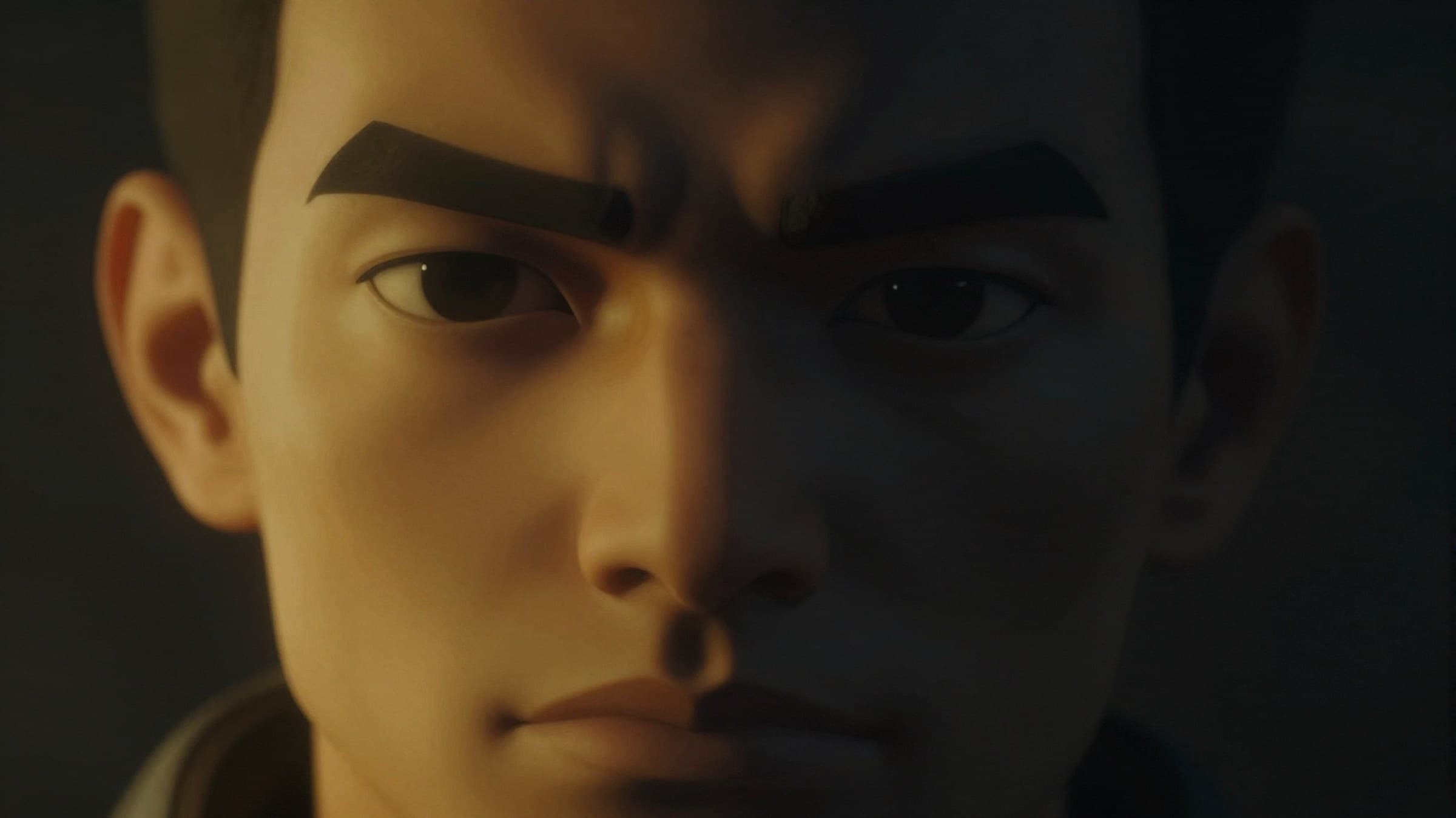 Cinematic close-up of a stylized in-game character's face partially lit by yellow ambient light