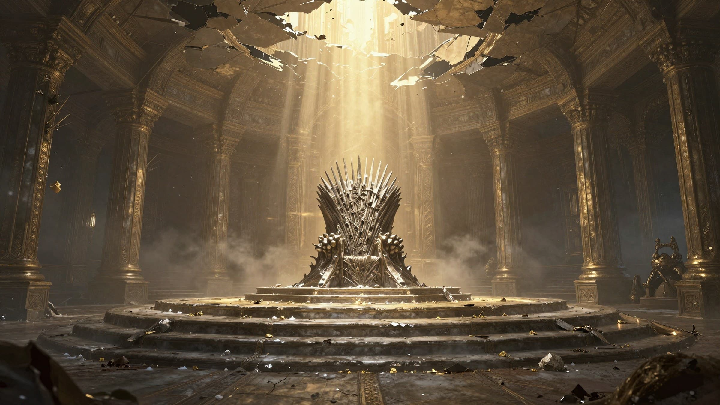 Epic fantasy throne room in ruins with ash falling through a broken ceiling