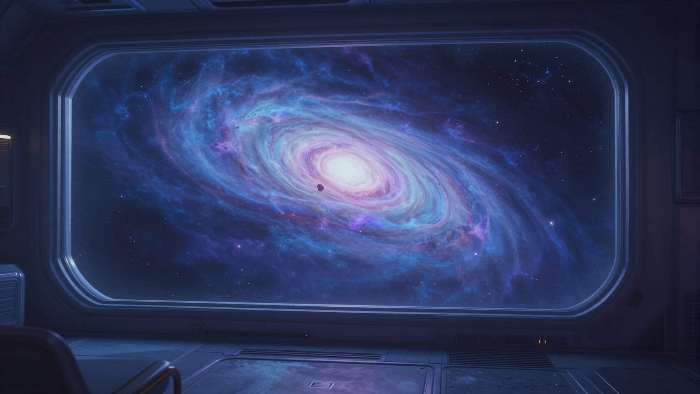 Serene sci-fi space station interior floating above a swirling nebula