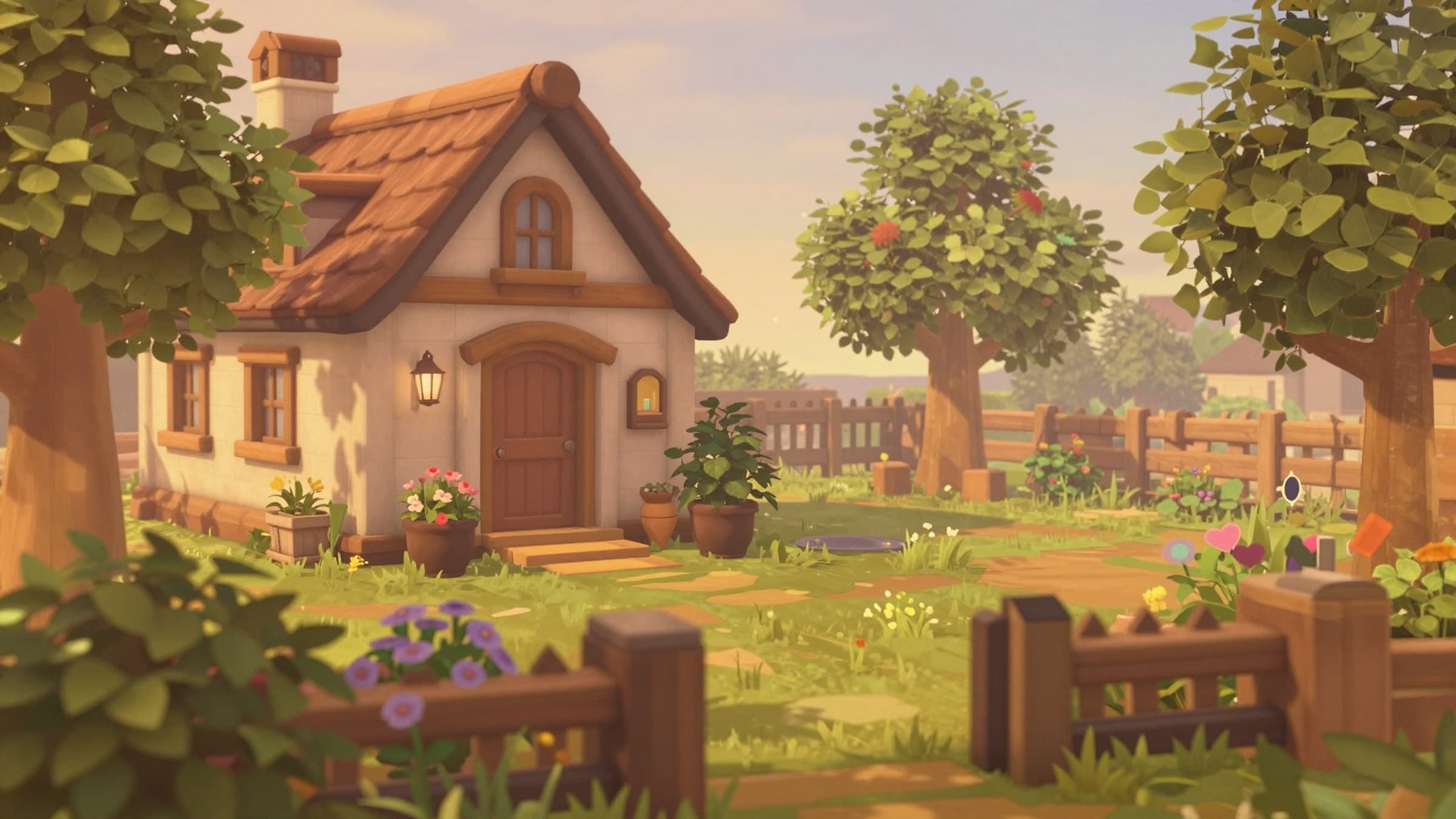 Warm, soft cinematic light over a stylized cottage garden scene, gentle golden hour tones