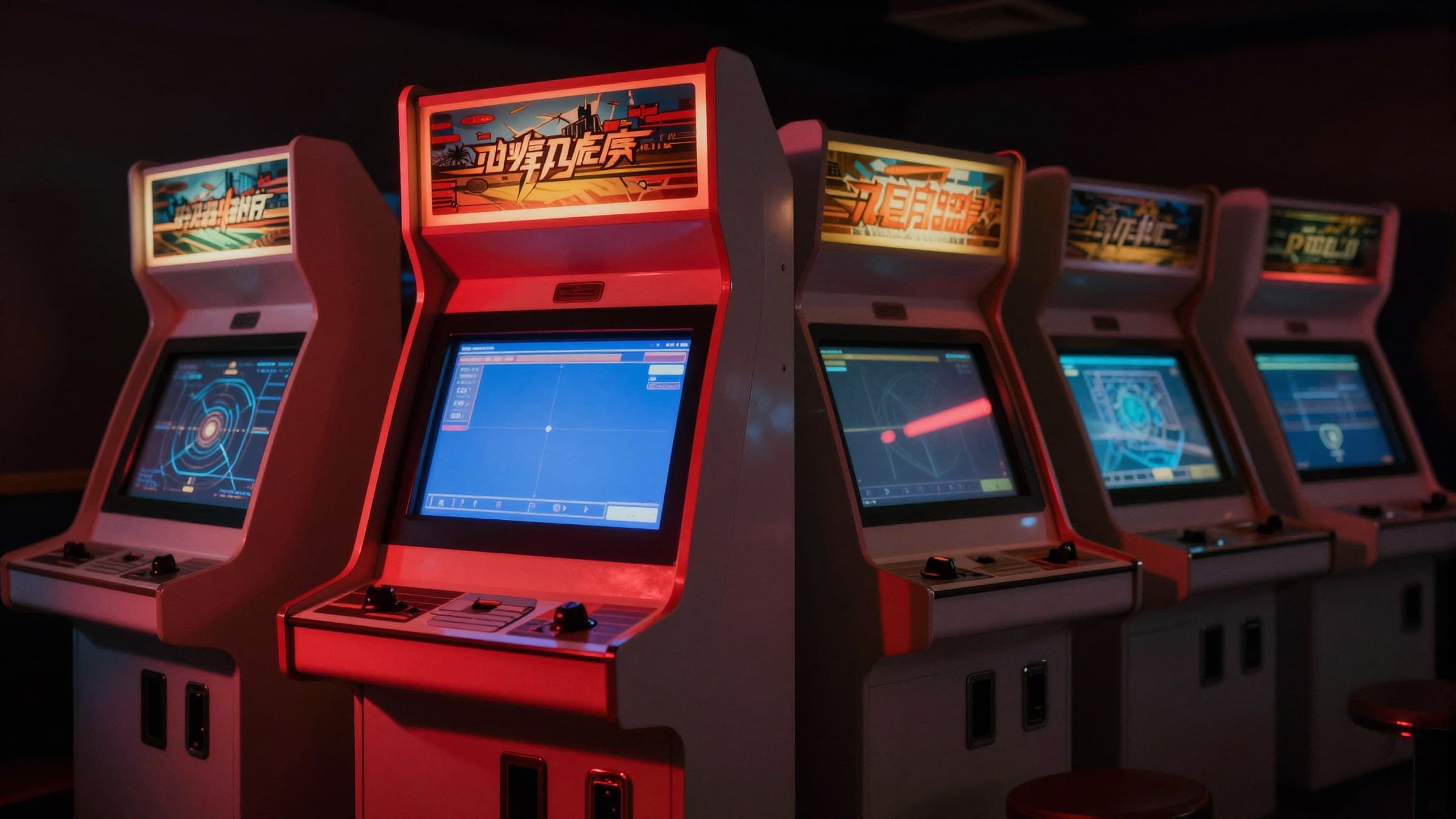 Cinematic low-angle shot of arcade cabinets glowing in a dim room, red rim lighting