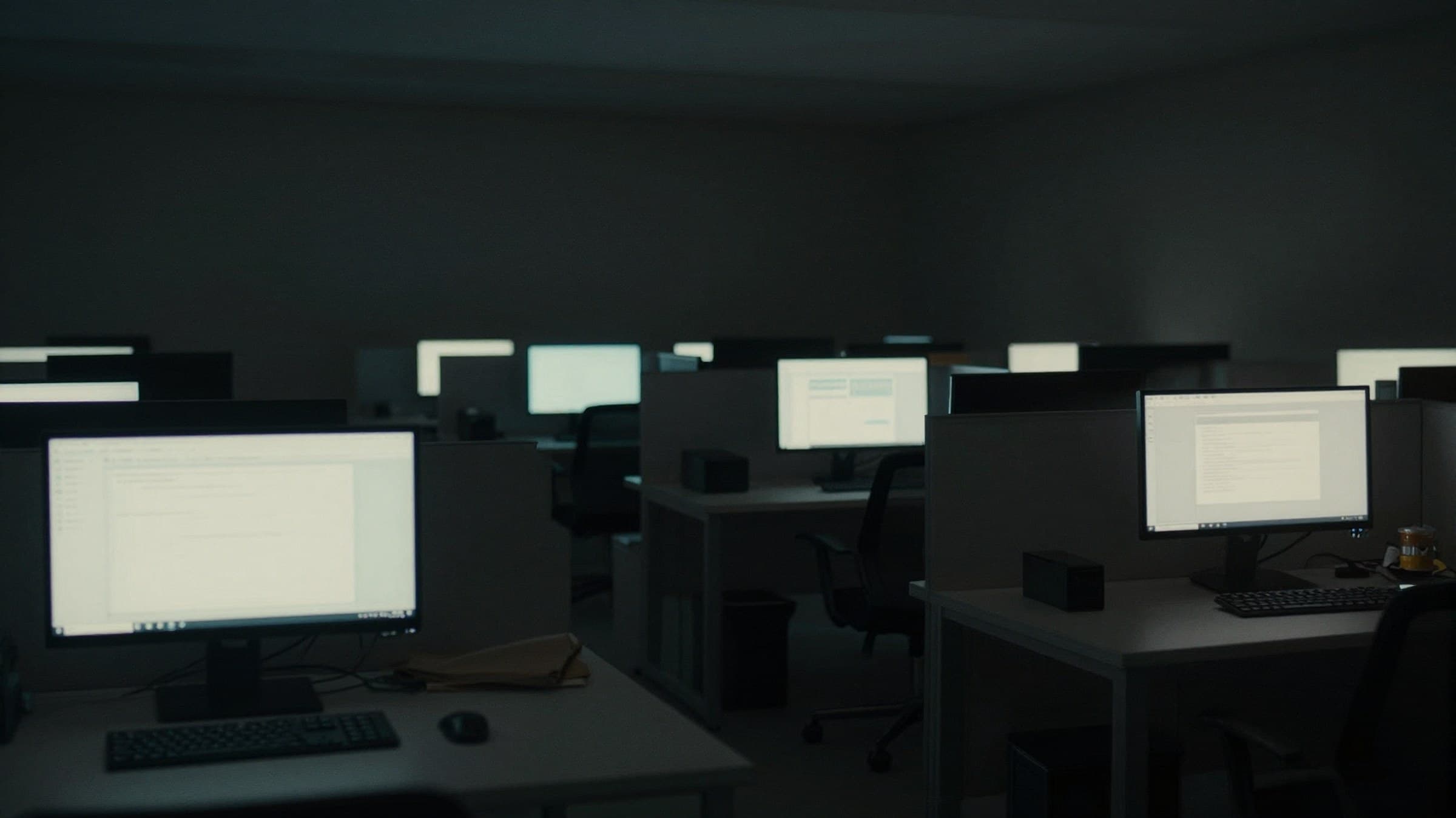 A dim, empty open-plan studio office at night lit only by monitor glow, cinematic and somber