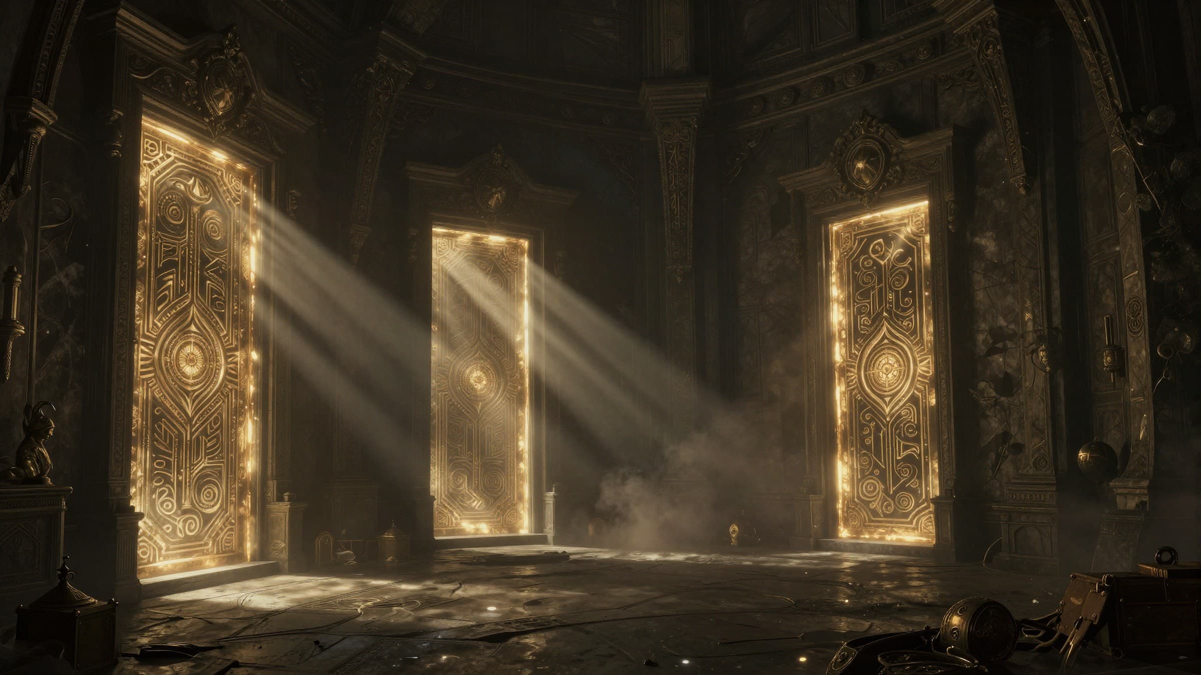 Dark fantasy vault interior with glowing runic doorways