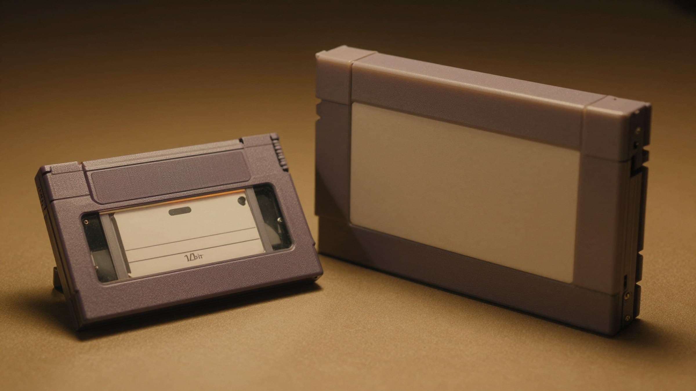 Warm cinematic still-life of a vintage game cartridge and collector's box art under dramatic side lighting