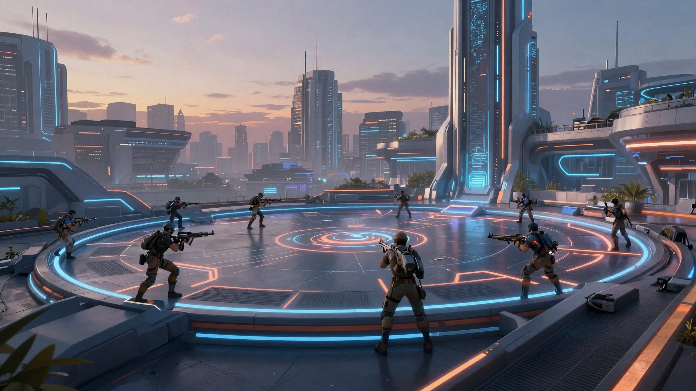 Futuristic competitive arena on a city skyline rooftop at dusk