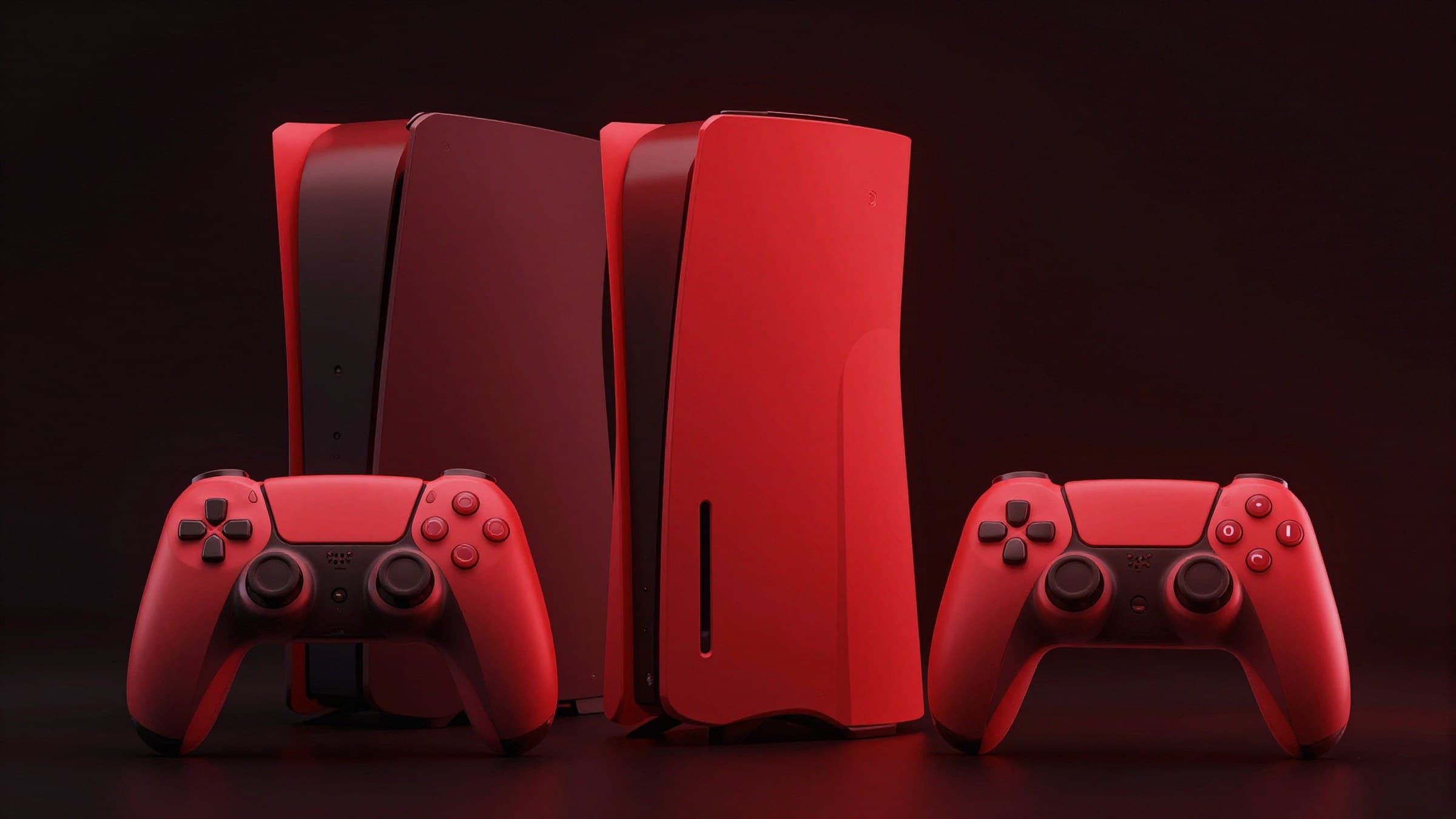 Abstract render of next-generation console hardware silhouettes lit in red