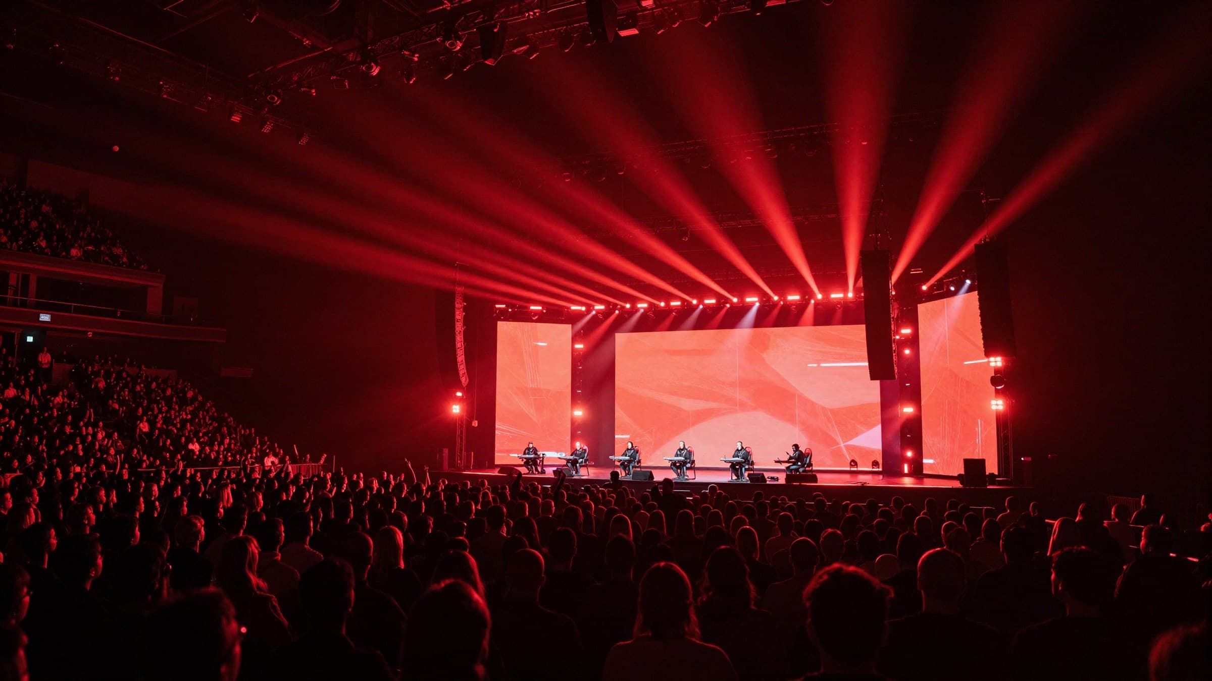 Cinematic wide shot of an esports arena stage bathed in red stage lighting with a silhouetted crowd