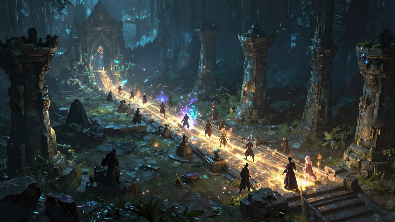 Glowing lane through a dark fantasy battle arena