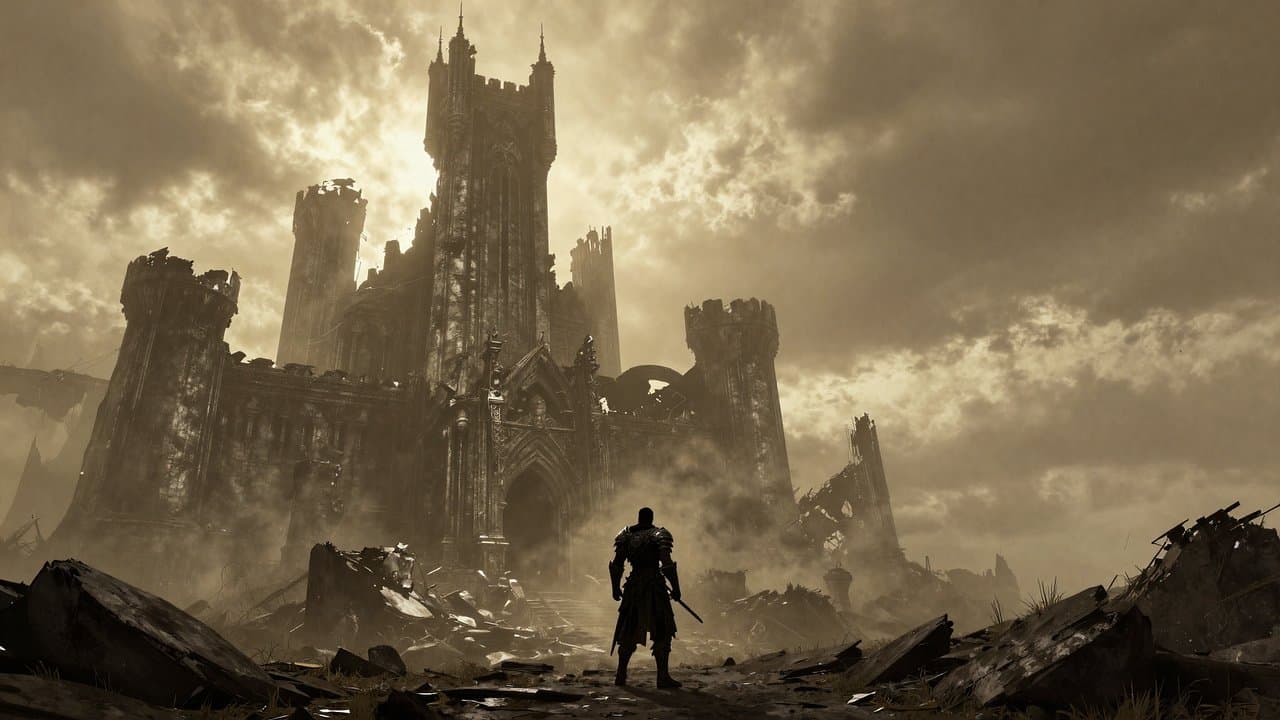 Armored silhouette before ancient ruins