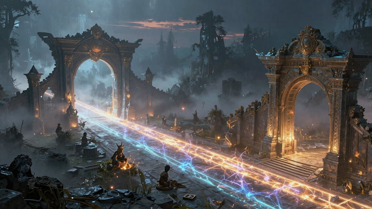 Misty fantasy battlefield with glowing energy lanes