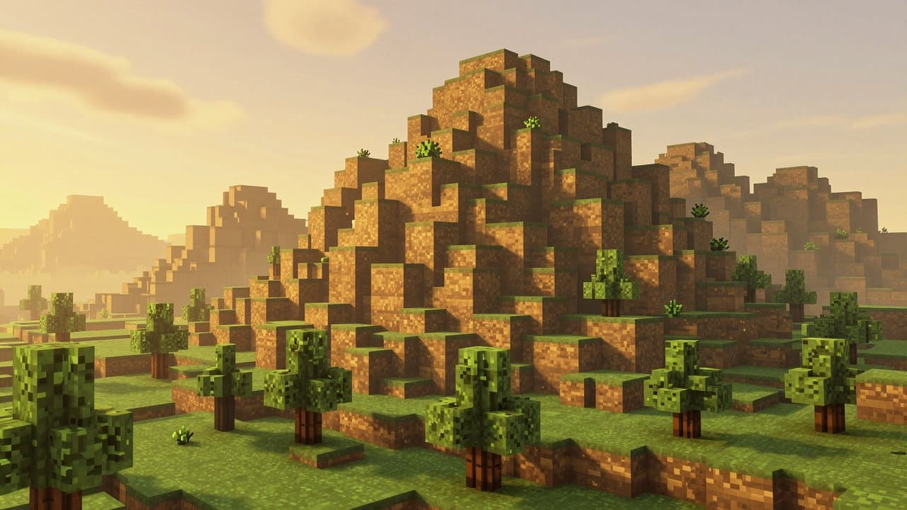 Voxel-style blocky landscape at sunset