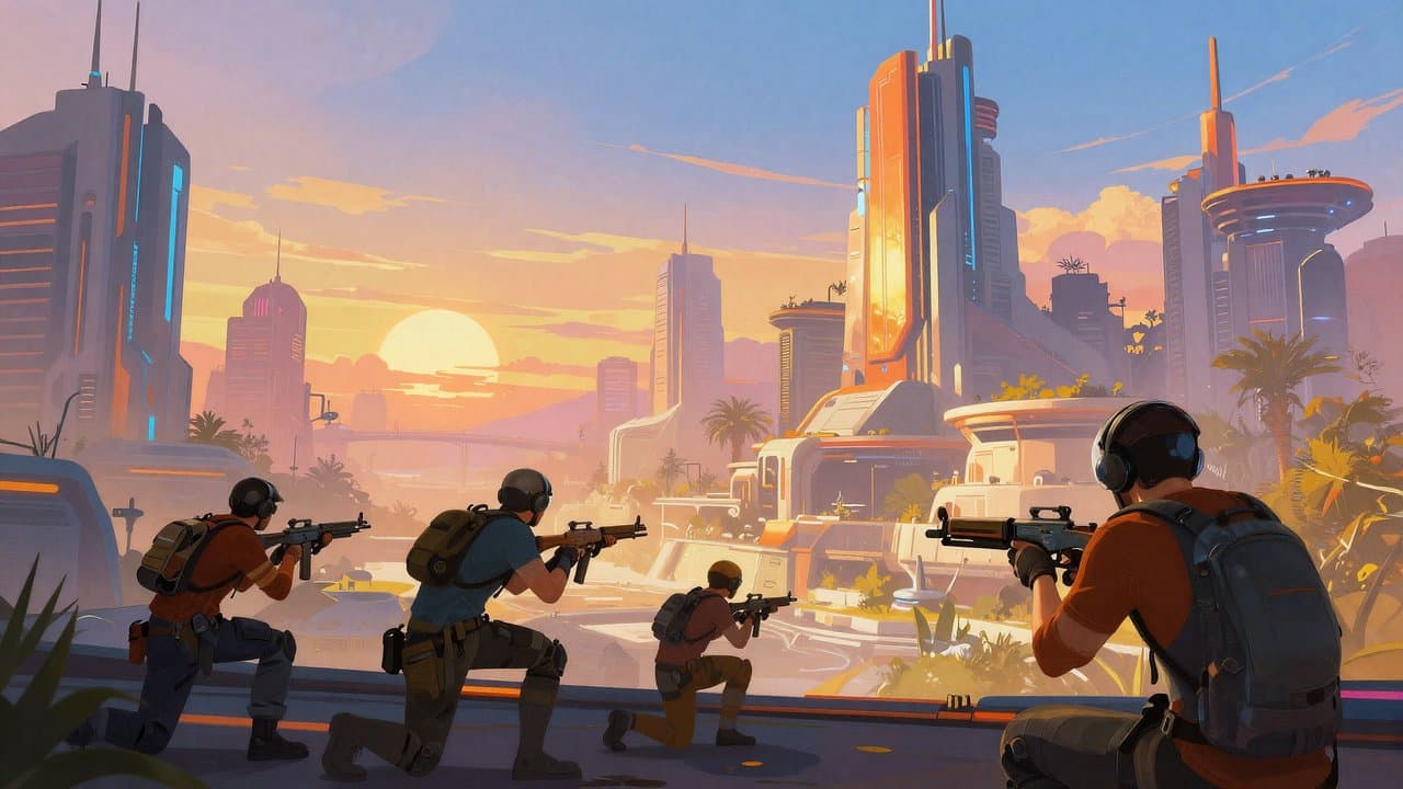 Colorful sci-fi cityscape at sunset