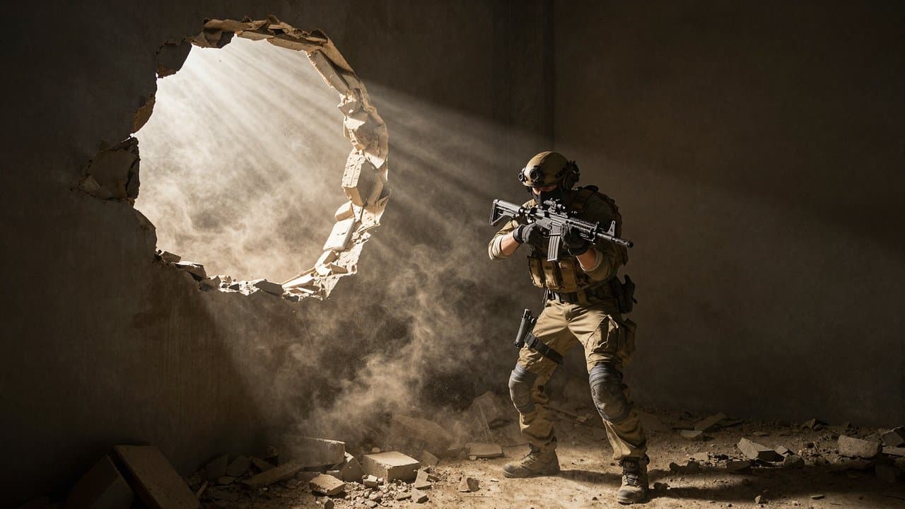 Breached wall with light streaming through debris