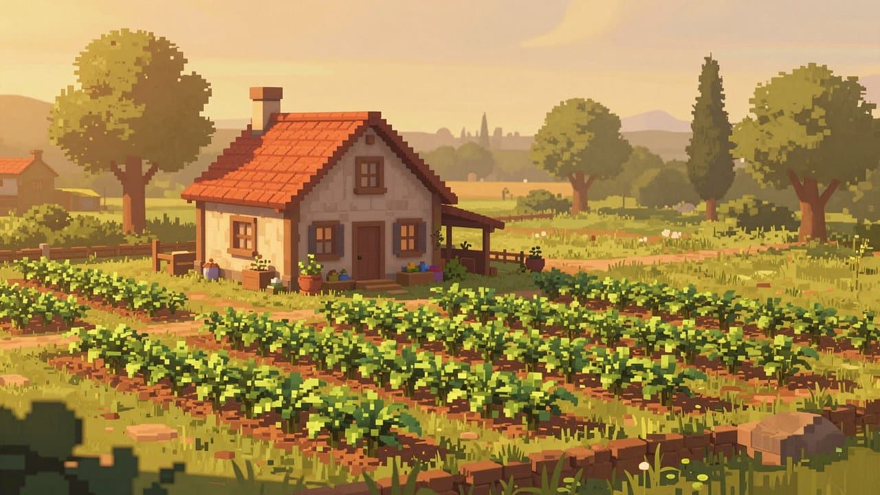 Warm cozy farm landscape at golden hour