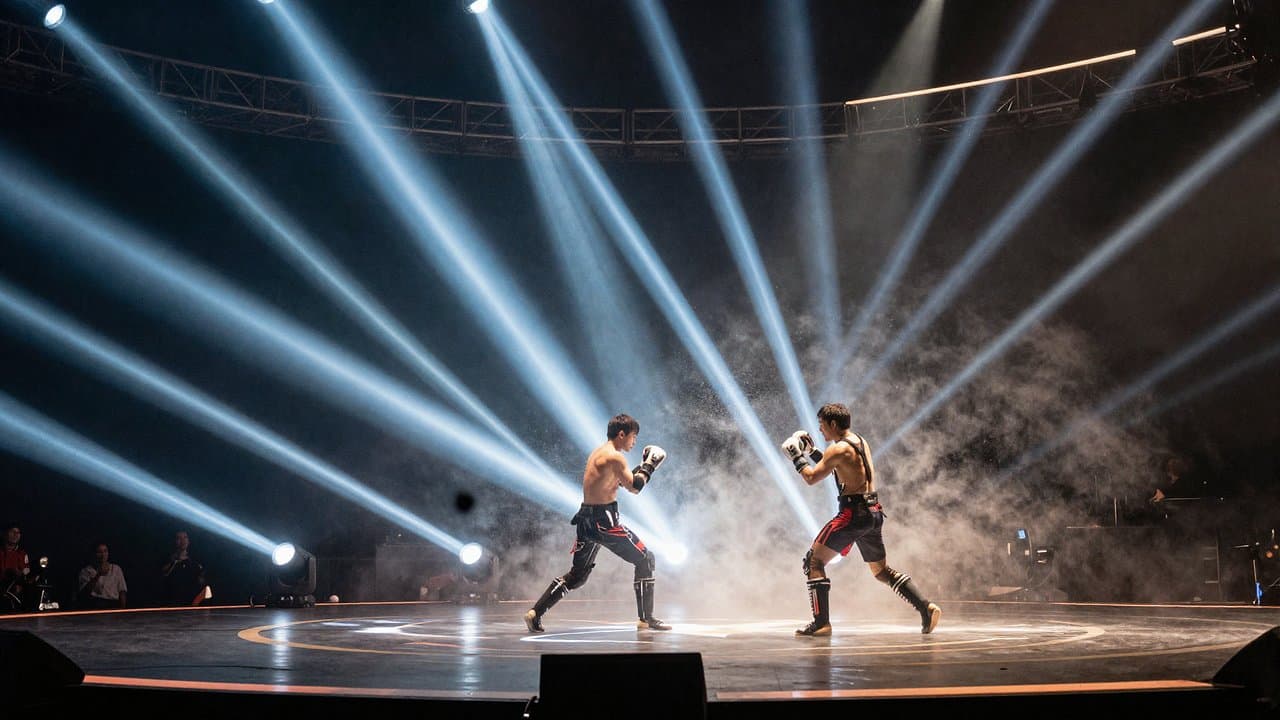 Dramatic fighting arena stage with spotlight beams